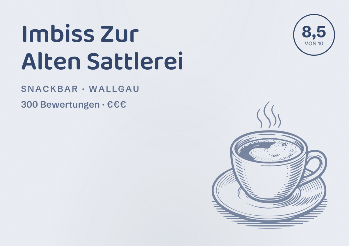 Illustriertes Poster von Imbiss Zur Alten Sattlerei, Snackbar in Wallgau: Bewertung 8,5 von 10 aus 300 Bewertungen, Preisniveau €€€