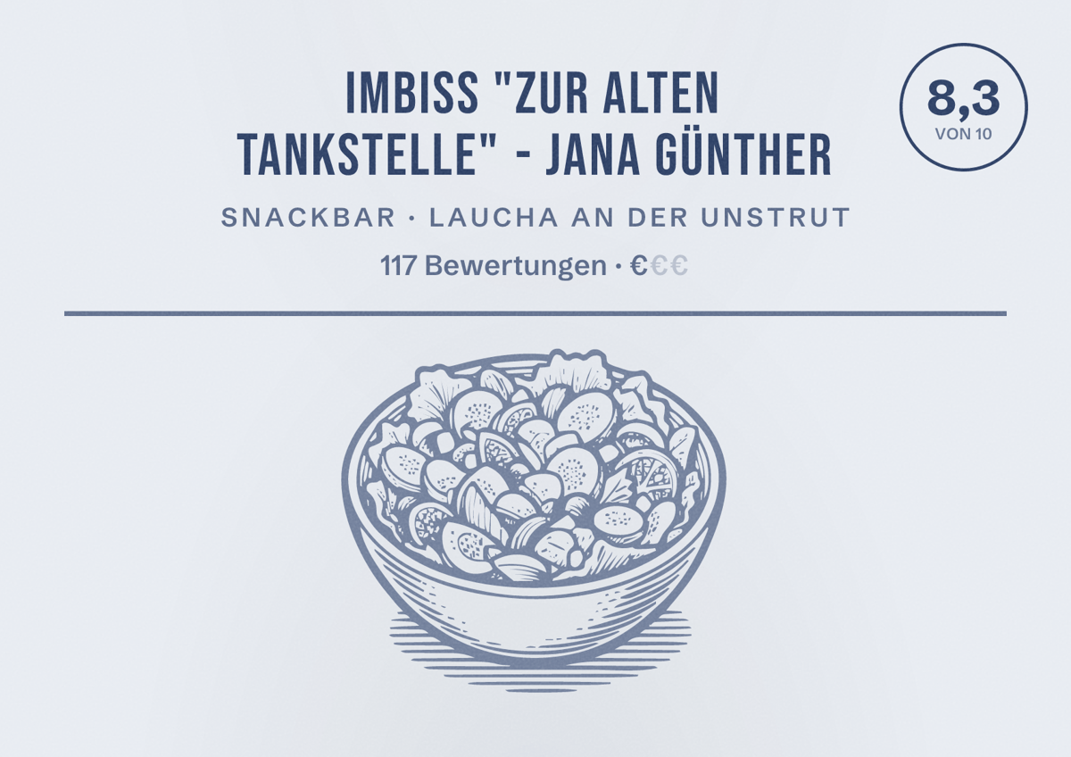 Illustriertes Poster von Imbiss "Zur alten Tankstelle" - Jana Günther, Snackbar in Laucha an der Unstrut: Bewertung 8,3 von 10 aus 117 Bewertungen, Preisniveau €