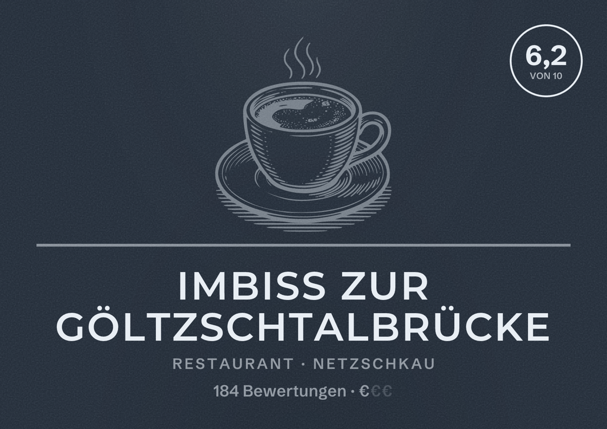 Illustriertes Poster von Imbiss zur Göltzschtalbrücke, Restaurant in Netzschkau: Bewertung 6,2 von 10 aus 184 Bewertungen, Preisniveau €