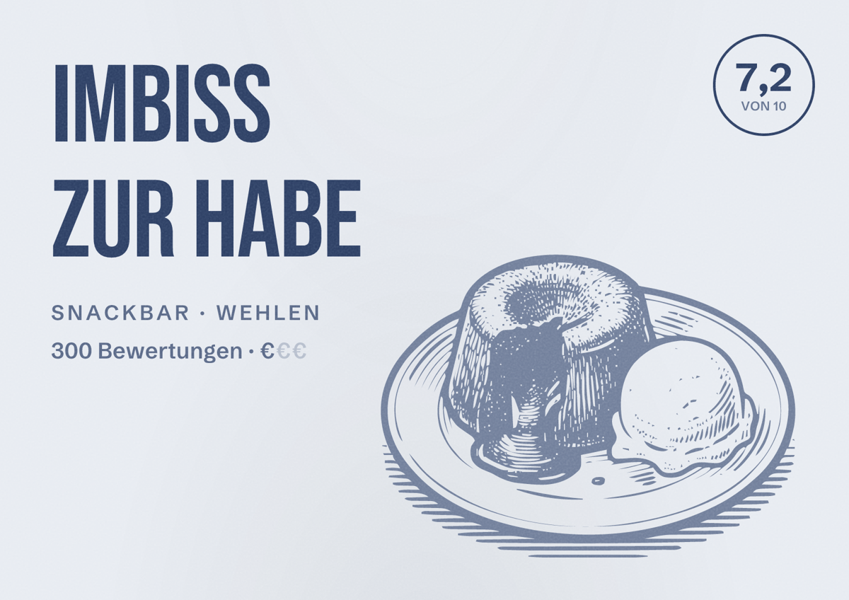 Illustriertes Poster von Imbiss Zur Habe, Snackbar in Wehlen: Bewertung 7,2 von 10 aus 300 Bewertungen, Preisniveau €