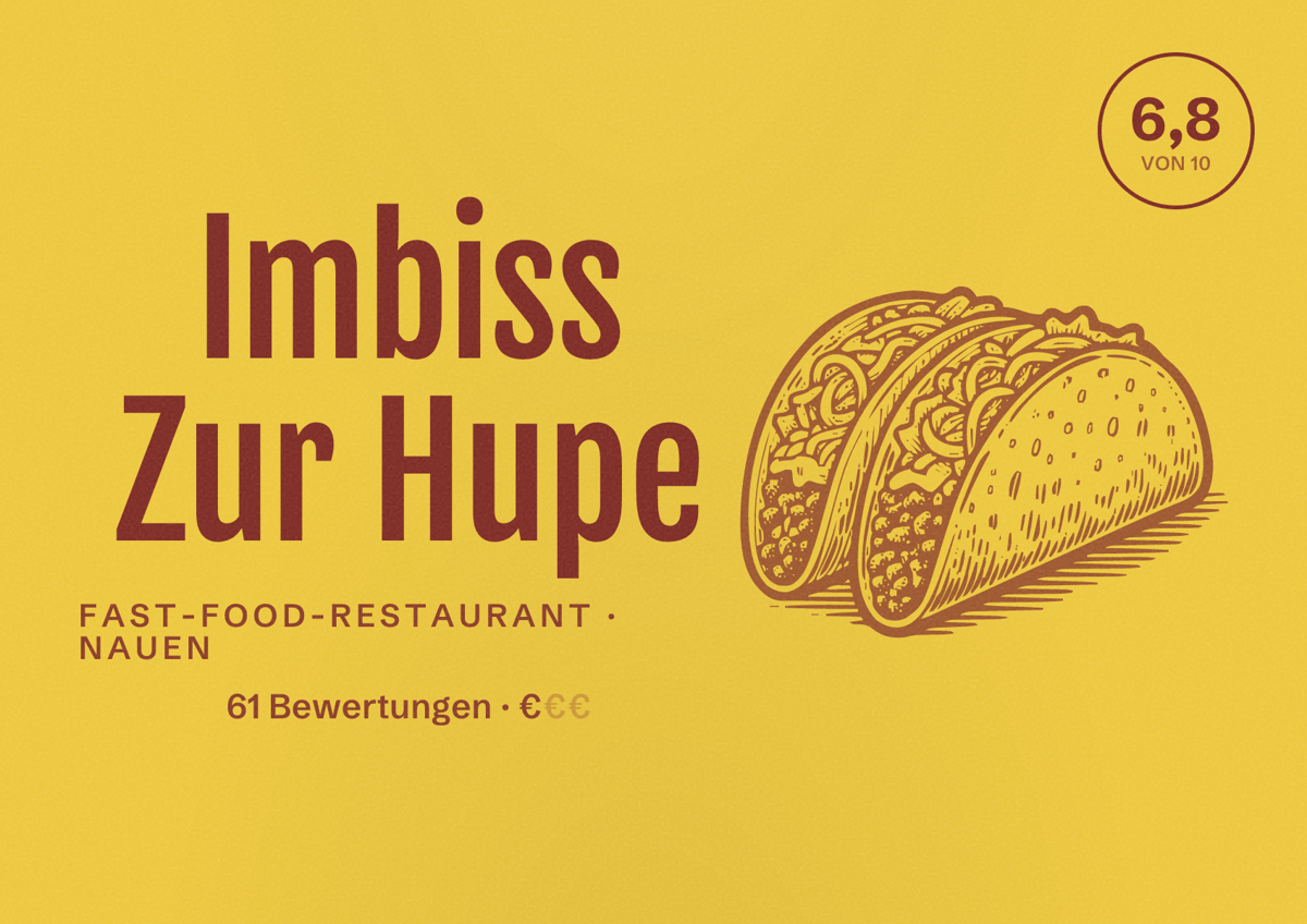 Illustriertes Poster von Imbiss Zur Hupe, Fast-Food-Restaurant in Nauen: Bewertung 6,8 von 10 aus 61 Bewertungen, Preisniveau €