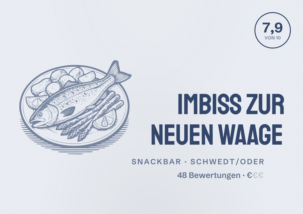 Illustriertes Poster von Imbiss zur neuen Waage, Snackbar in Schwedt/Oder: Bewertung 7,9 von 10 aus 48 Bewertungen, Preisniveau €