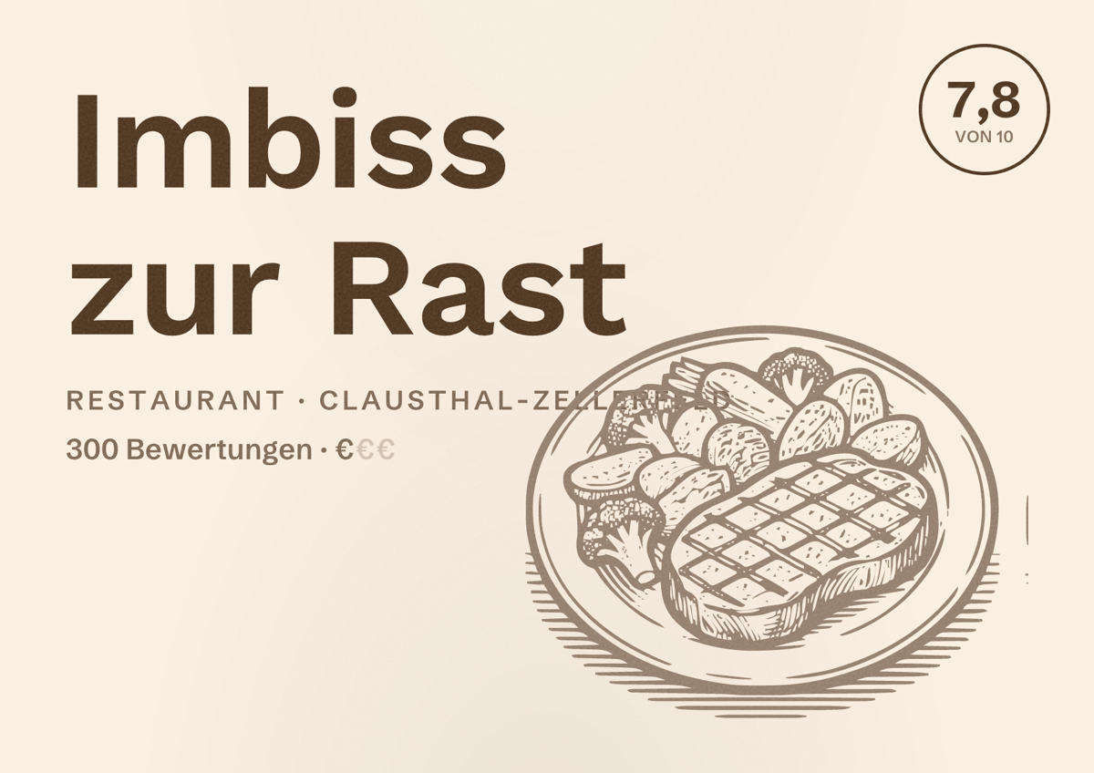 Illustriertes Poster von Imbiss zur Rast, Restaurant in Clausthal-Zellerfeld: Bewertung 7,8 von 10 aus 300 Bewertungen, Preisniveau €