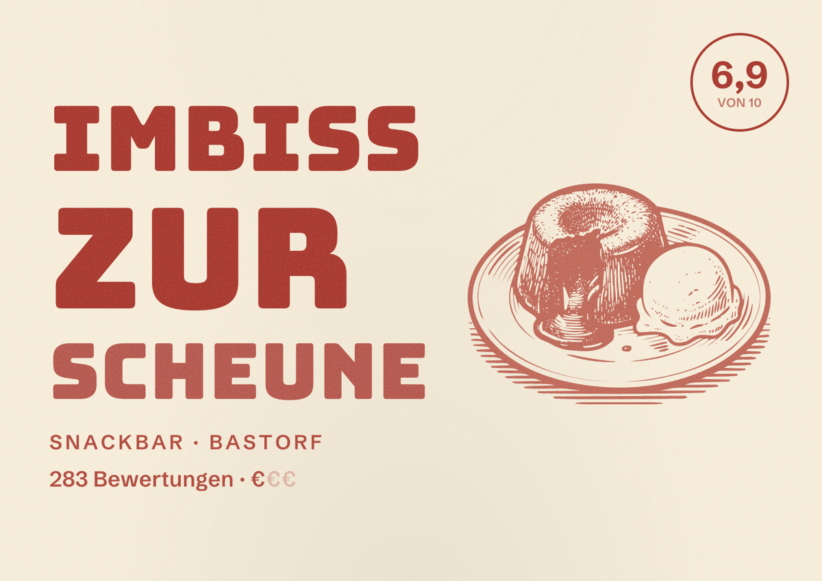 Illustriertes Poster von Imbiss zur Scheune, Snackbar in Bastorf: Bewertung 6,9 von 10 aus 283 Bewertungen, Preisniveau €
