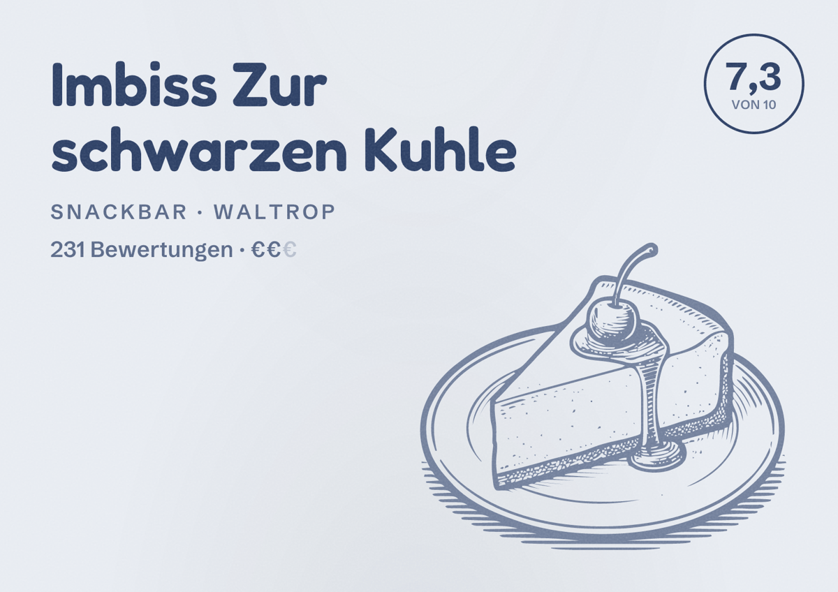 Illustriertes Poster von Imbiss Zur schwarzen Kuhle, Snackbar in Waltrop: Bewertung 7,3 von 10 aus 231 Bewertungen, Preisniveau €€