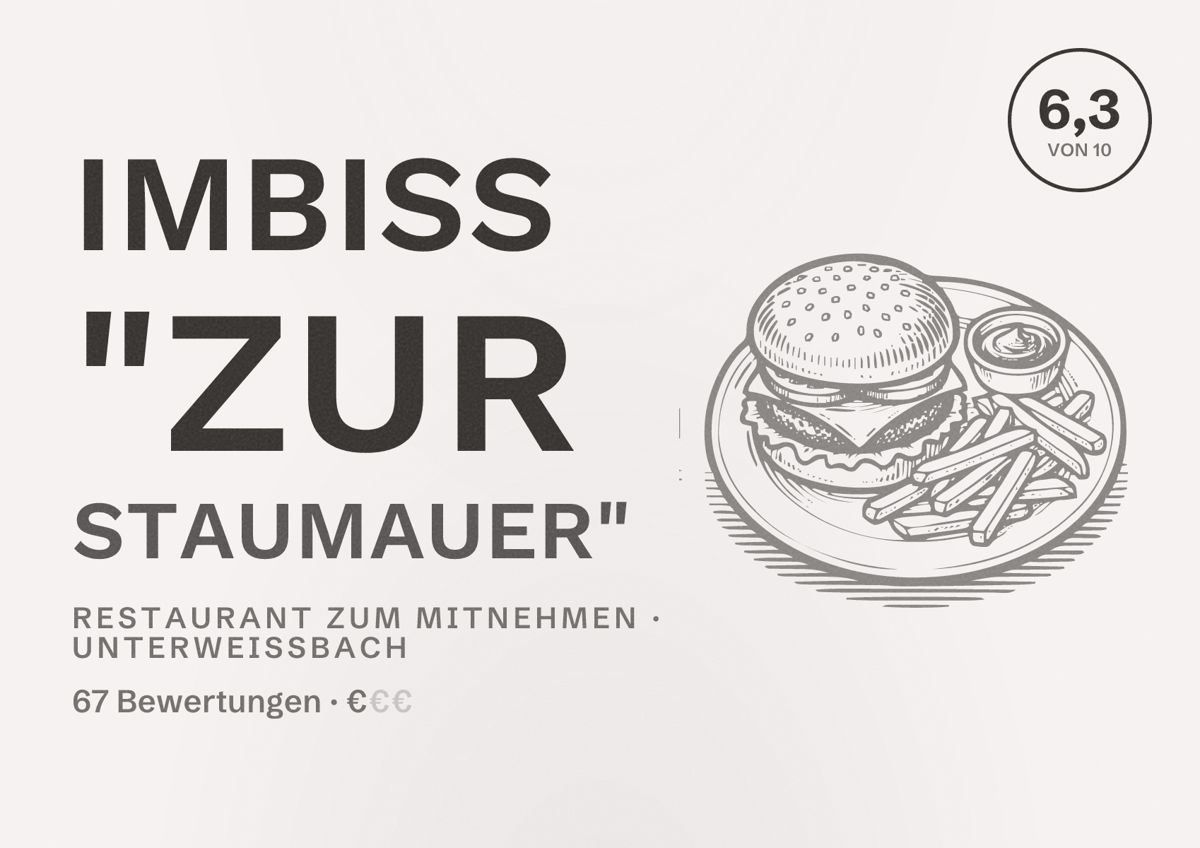 Illustriertes Poster von Imbiss "Zur Staumauer", Restaurant zum Mitnehmen in Unterweißbach: Bewertung 6,3 von 10 aus 67 Bewertungen, Preisniveau €