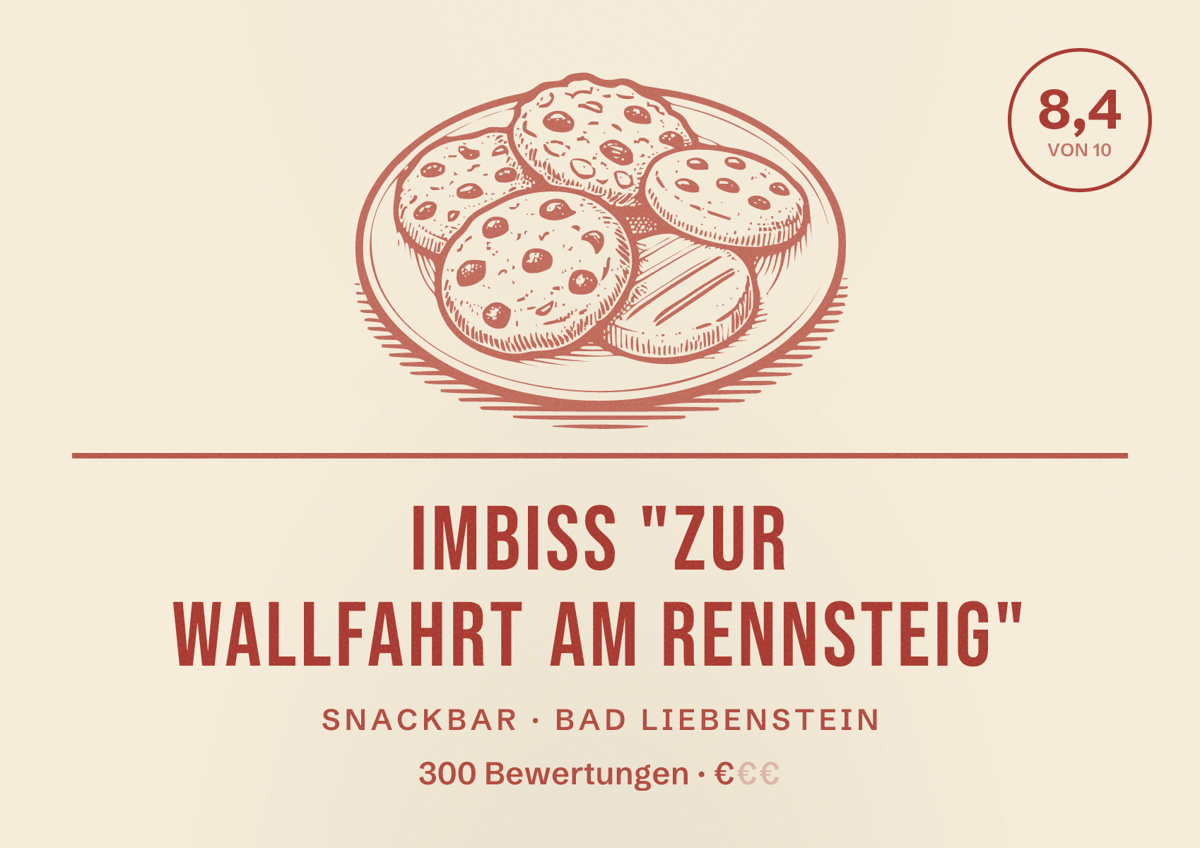 Illustriertes Poster von Imbiss "Zur Wallfahrt am Rennsteig", Snackbar in Bad Liebenstein: Bewertung 8,4 von 10 aus 300 Bewertungen, Preisniveau €