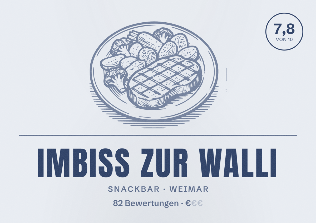 Illustriertes Poster von Imbiss Zur Walli, Snackbar in Weimar: Bewertung 7,8 von 10 aus 82 Bewertungen, Preisniveau €