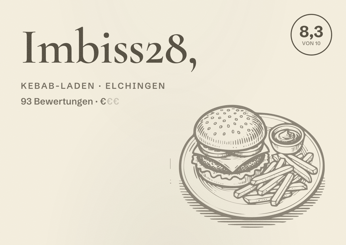 Illustriertes Poster von Imbiss28,, Kebab-Laden in Elchingen: Bewertung 8,3 von 10 aus 93 Bewertungen, Preisniveau €
