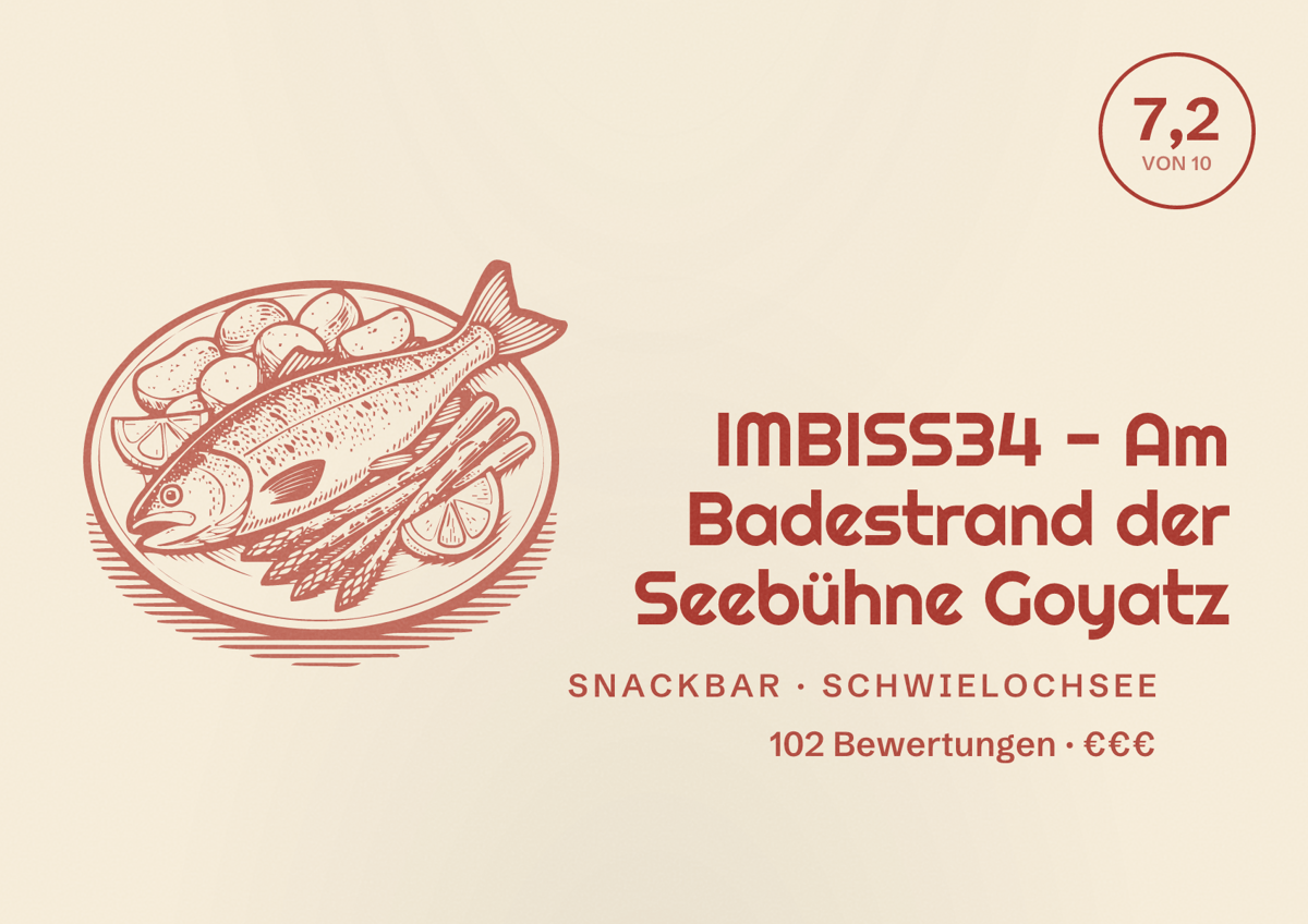 Illustriertes Poster von IMBISS34 - Am Badestrand der Seebühne Goyatz, Snackbar in Schwielochsee: Bewertung 7,2 von 10 aus 102 Bewertungen, Preisniveau €€€