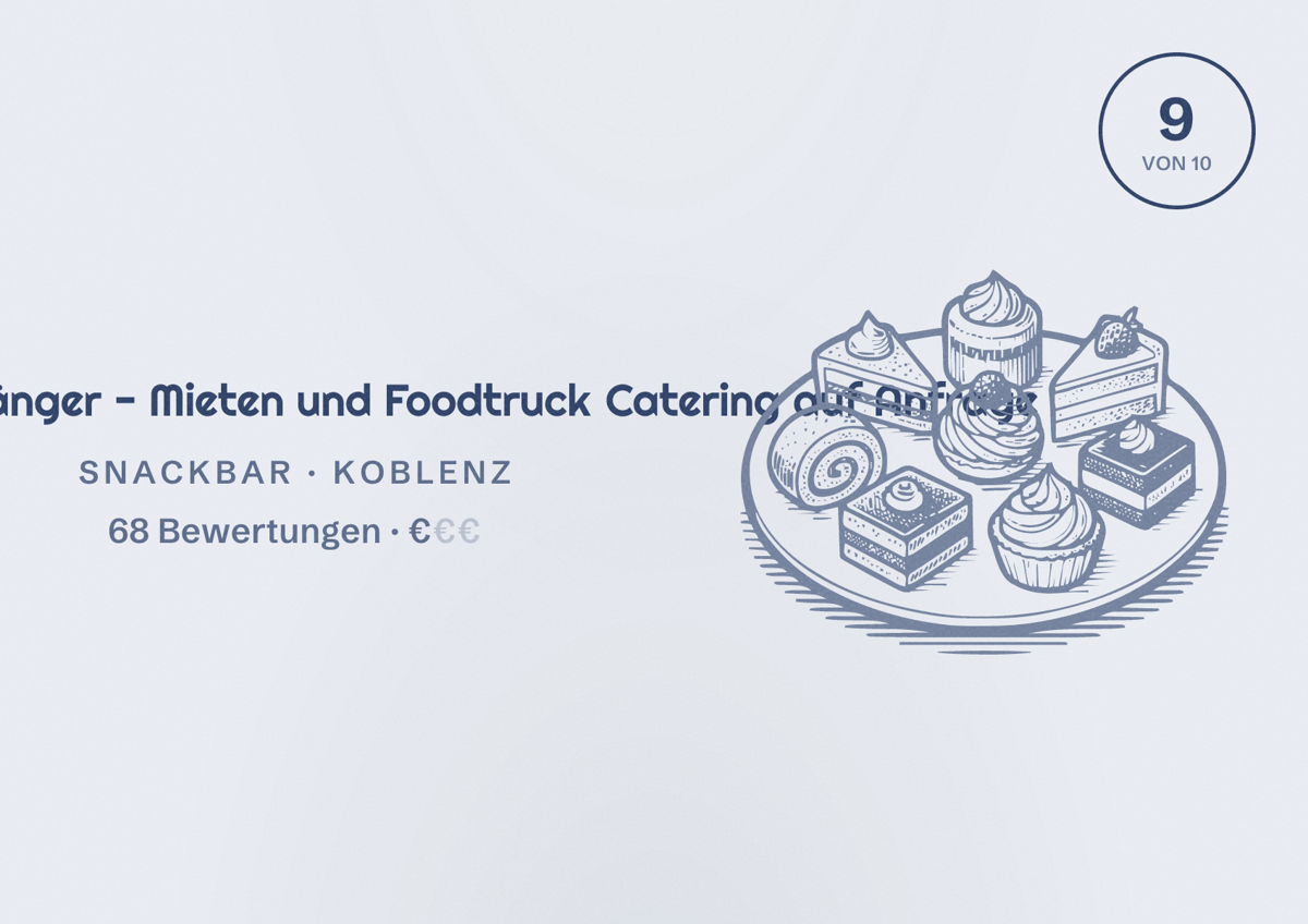 Illustriertes Poster von Imbissanhänger - Mieten und Foodtruck Catering auf Anfrage, Snackbar in Koblenz: Bewertung 9 von 10 aus 68 Bewertungen, Preisniveau €