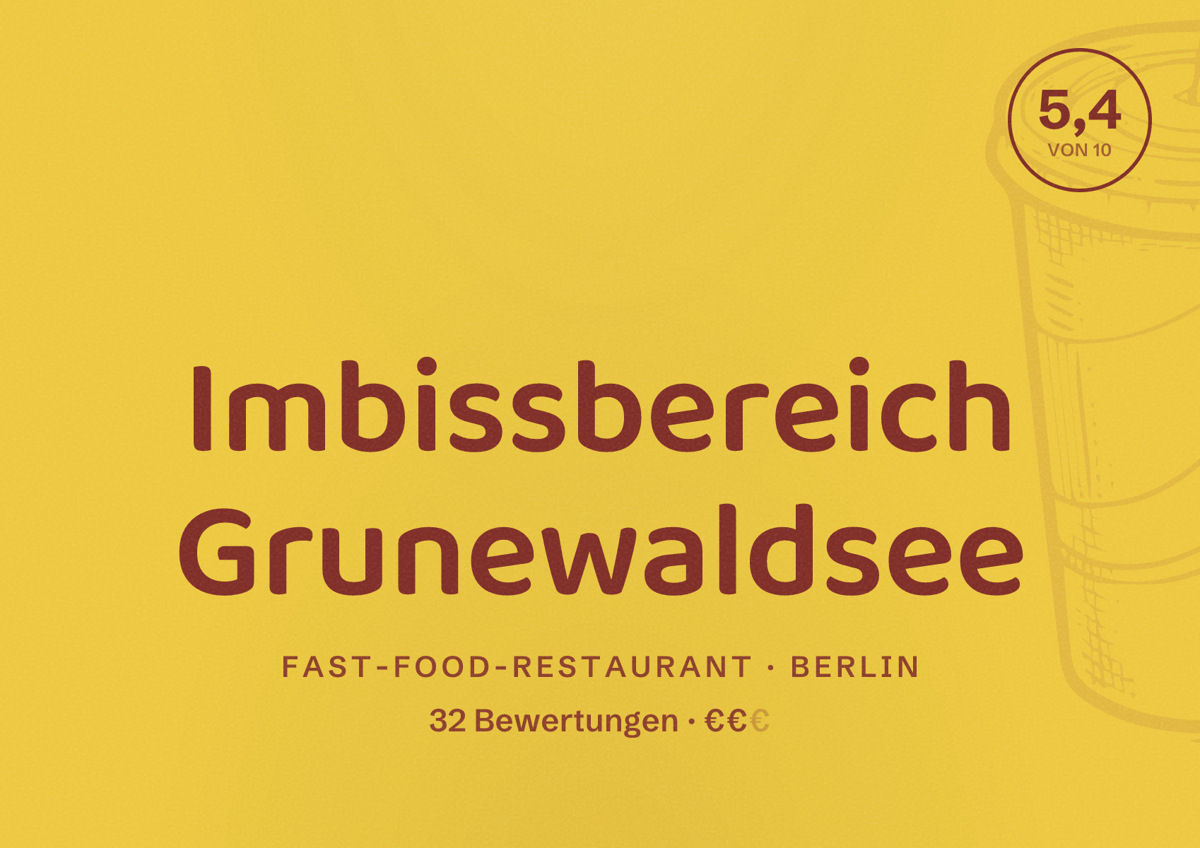 Illustriertes Poster von Imbissbereich Grunewaldsee, Fast-Food-Restaurant in Berlin: Bewertung 5,4 von 10 aus 32 Bewertungen, Preisniveau €€