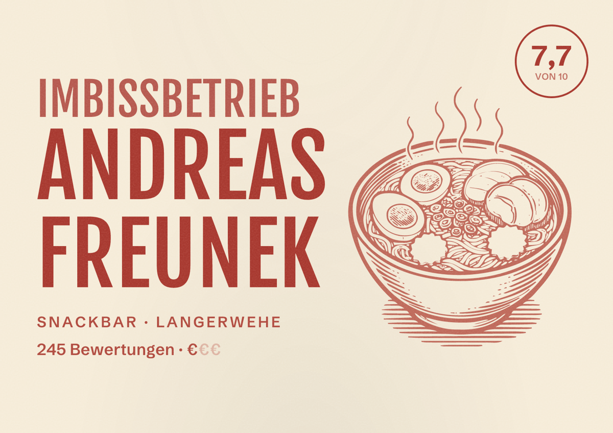 Illustriertes Poster von Imbissbetrieb Andreas Freunek, Snackbar in Langerwehe: Bewertung 7,7 von 10 aus 245 Bewertungen, Preisniveau €