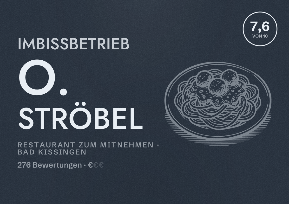 Illustriertes Poster von Imbissbetrieb O. Ströbel, Restaurant zum Mitnehmen in Bad Kissingen: Bewertung 7,6 von 10 aus 276 Bewertungen, Preisniveau €