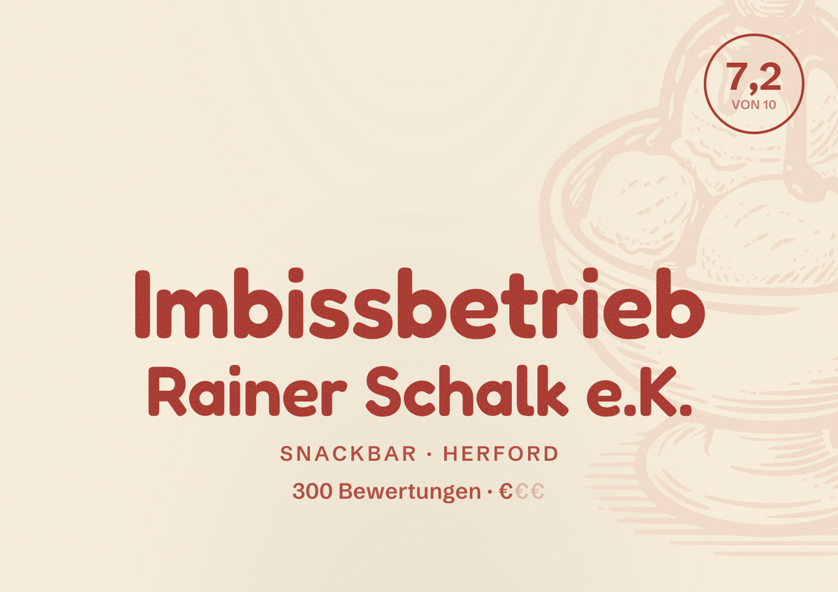 Illustriertes Poster von Imbissbetrieb Rainer Schalk e.K., Snackbar in Herford: Bewertung 7,2 von 10 aus 300 Bewertungen, Preisniveau €
