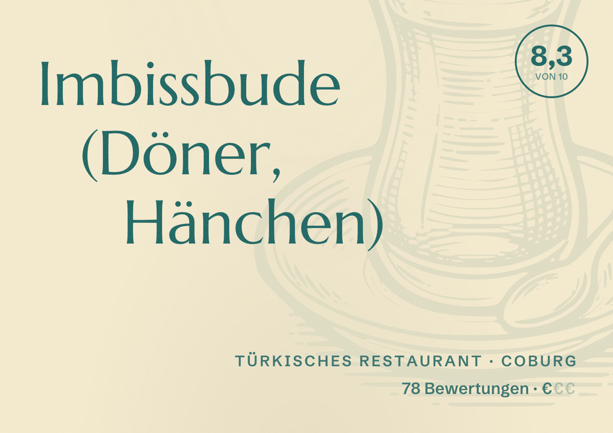 Illustriertes Poster von Imbissbude (Döner, Hänchen), Türkisches Restaurant in Coburg: Bewertung 8,3 von 10 aus 78 Bewertungen, Preisniveau €
