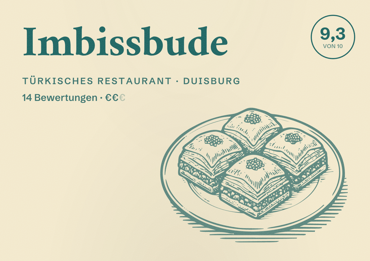Illustriertes Poster von Imbissbude, Türkisches Restaurant in Duisburg: Bewertung 9,3 von 10 aus 14 Bewertungen, Preisniveau €€