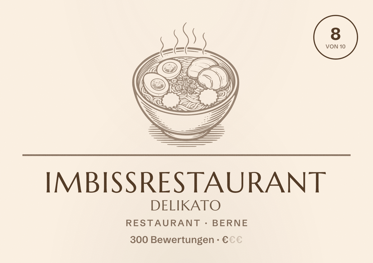 Illustriertes Poster von Imbissrestaurant Delikato, Restaurant in Berne: Bewertung 8 von 10 aus 300 Bewertungen, Preisniveau €