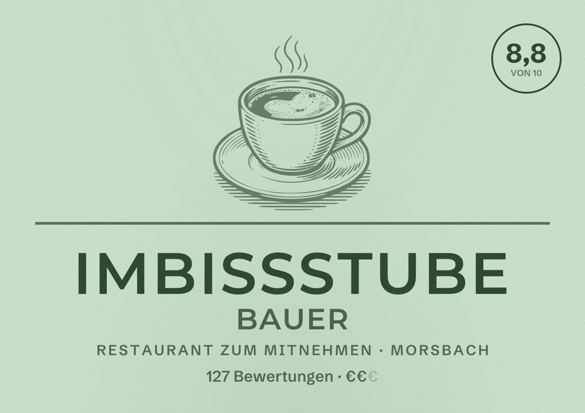 Illustriertes Poster von Imbissstube Bauer, Restaurant zum Mitnehmen in Morsbach: Bewertung 8,8 von 10 aus 127 Bewertungen, Preisniveau €€