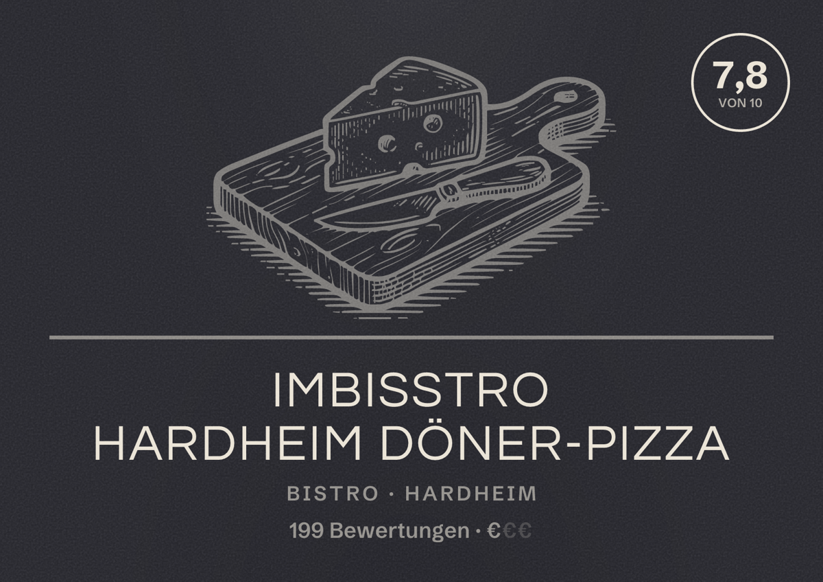 Illustriertes Poster von Imbisstro Hardheim Döner-Pizza, Bistro in Hardheim: Bewertung 7,8 von 10 aus 199 Bewertungen, Preisniveau €