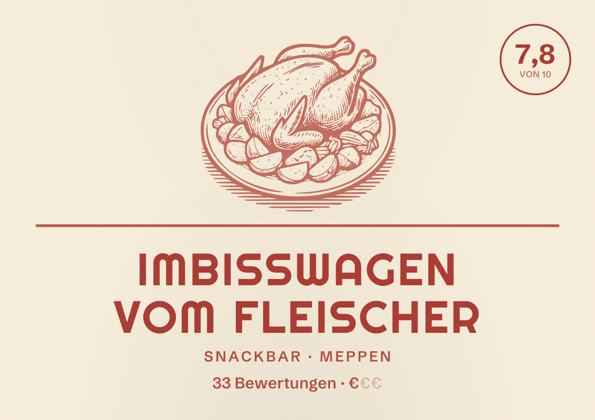 Illustriertes Poster von Imbisswagen vom Fleischer, Snackbar in Meppen: Bewertung 7,8 von 10 aus 33 Bewertungen, Preisniveau €