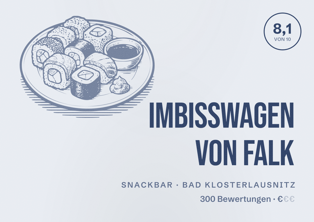 Illustriertes Poster von Imbisswagen von Falk, Snackbar in Bad Klosterlausnitz: Bewertung 8,1 von 10 aus 300 Bewertungen, Preisniveau €