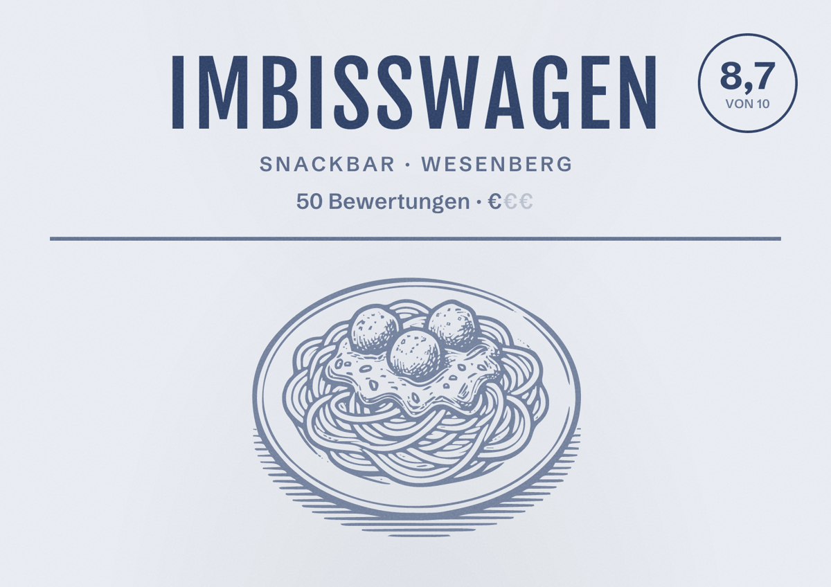 Illustriertes Poster von Imbisswagen, Snackbar in Wesenberg: Bewertung 8,7 von 10 aus 50 Bewertungen, Preisniveau €