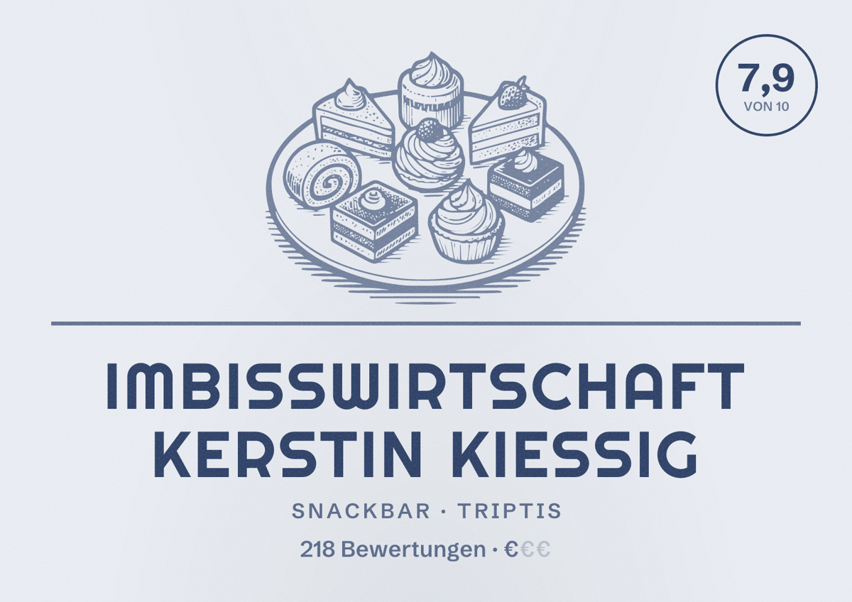 Illustriertes Poster von Imbisswirtschaft Kerstin Kießig, Snackbar in Triptis: Bewertung 7,9 von 10 aus 218 Bewertungen, Preisniveau €