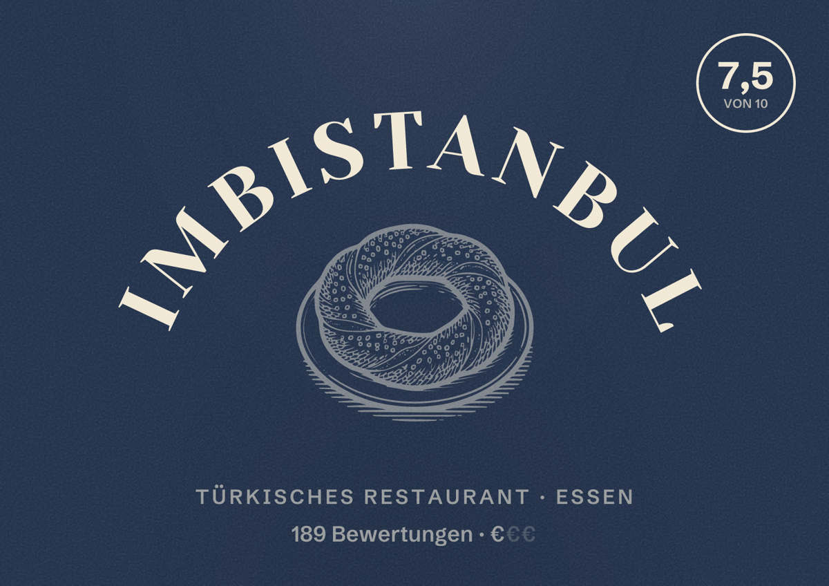 Illustriertes Poster von Imbistanbul, Türkisches Restaurant in Essen: Bewertung 7,5 von 10 aus 189 Bewertungen, Preisniveau €
