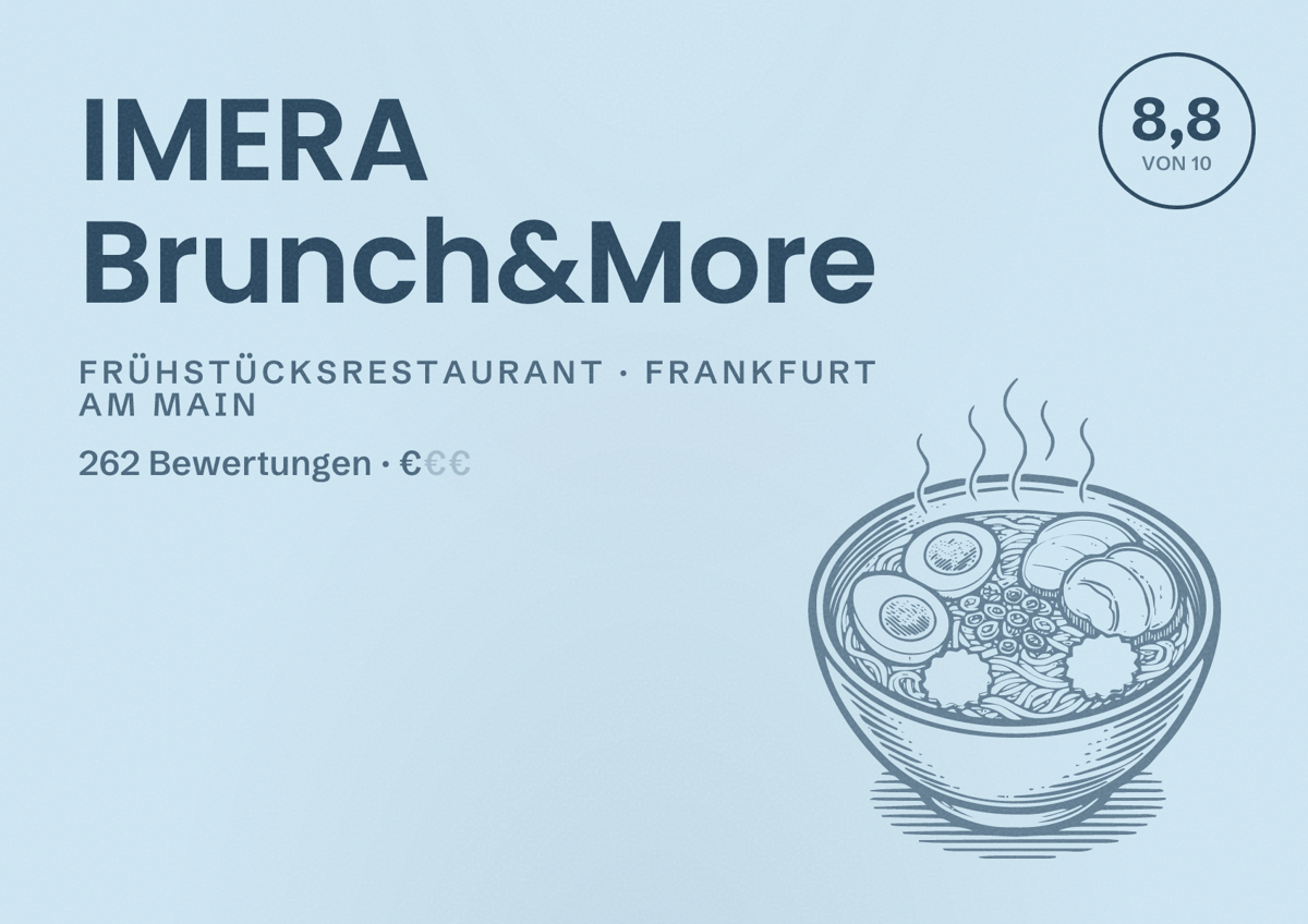 Illustriertes Poster von IMERA Brunch&More, Frühstücksrestaurant in Frankfurt am Main: Bewertung 8,8 von 10 aus 262 Bewertungen, Preisniveau €