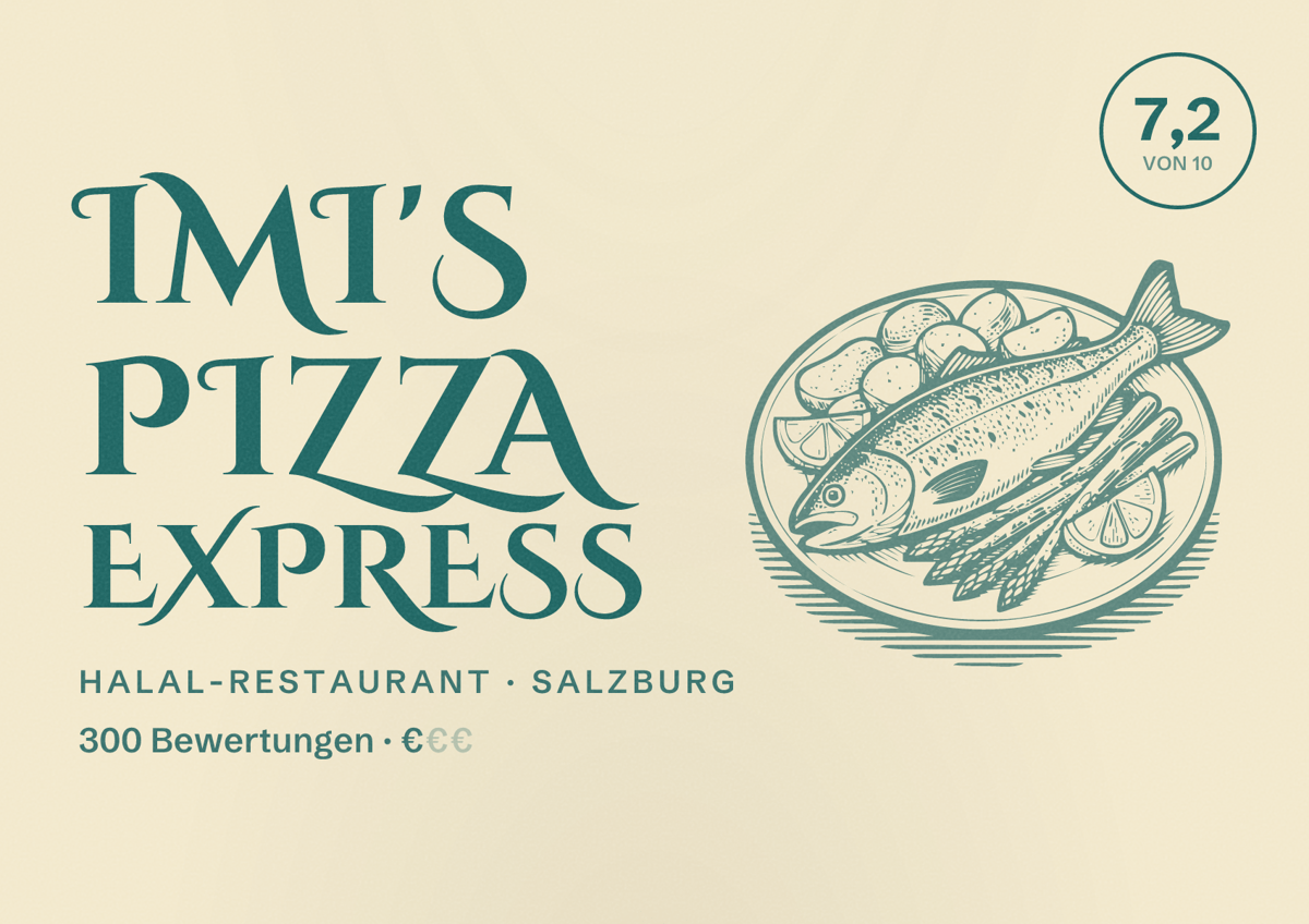 Illustriertes Poster von Imi's Pizza Express, Halal-Restaurant in Salzburg: Bewertung 7,2 von 10 aus 300 Bewertungen, Preisniveau €