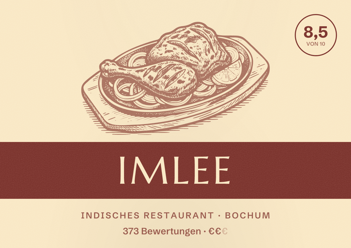 Illustriertes Poster von imlee, Indisches Restaurant in Bochum: Bewertung 8,5 von 10 aus 373 Bewertungen, Preisniveau €€