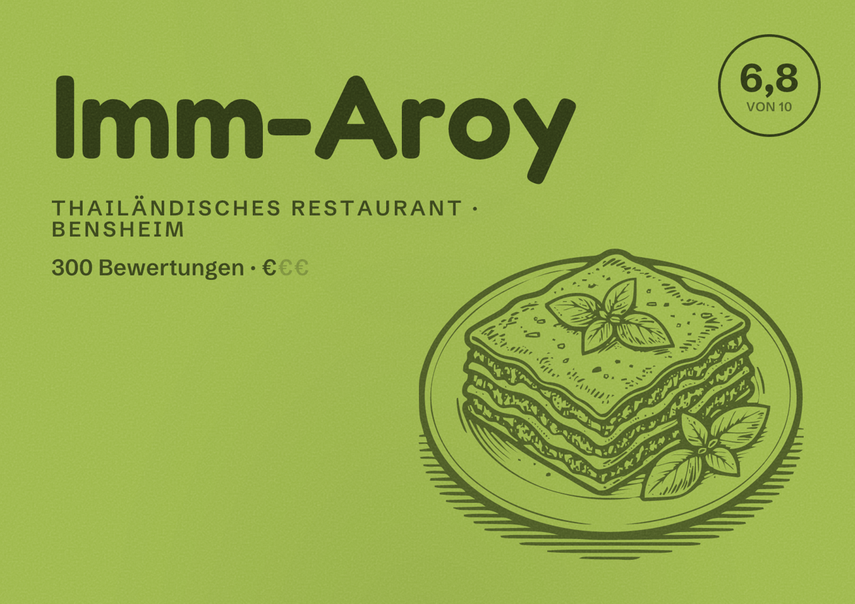 Illustriertes Poster von Imm-Aroy, Thailändisches Restaurant in Bensheim: Bewertung 6,8 von 10 aus 300 Bewertungen, Preisniveau €