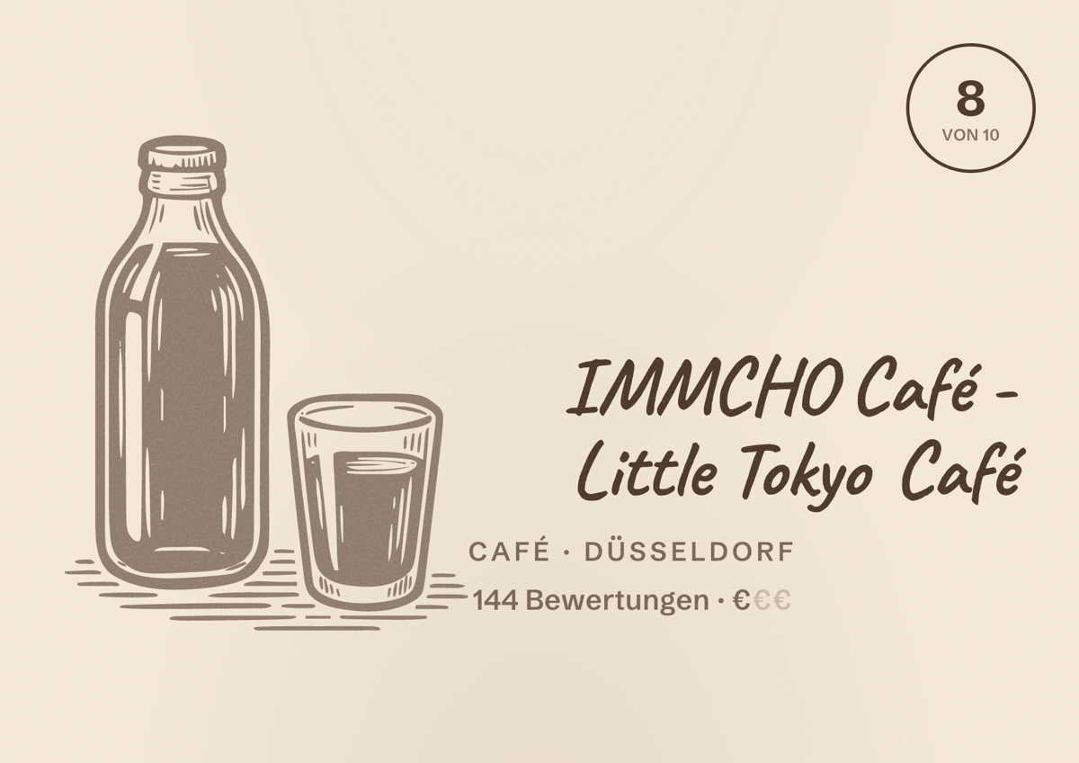 Illustriertes Poster von IMMCHO Café - Little Tokyo Café, Café in Düsseldorf: Bewertung 8,0 von 10 aus 144 Bewertungen, Preisniveau €