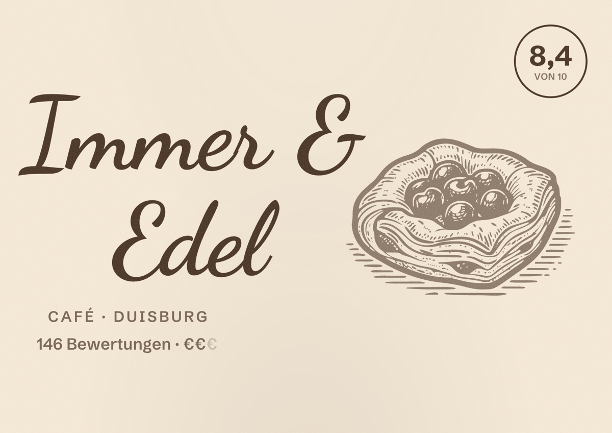 Illustriertes Poster von Immer & Edel, Café in Duisburg: Bewertung 8,4 von 10 aus 146 Bewertungen, Preisniveau €€
