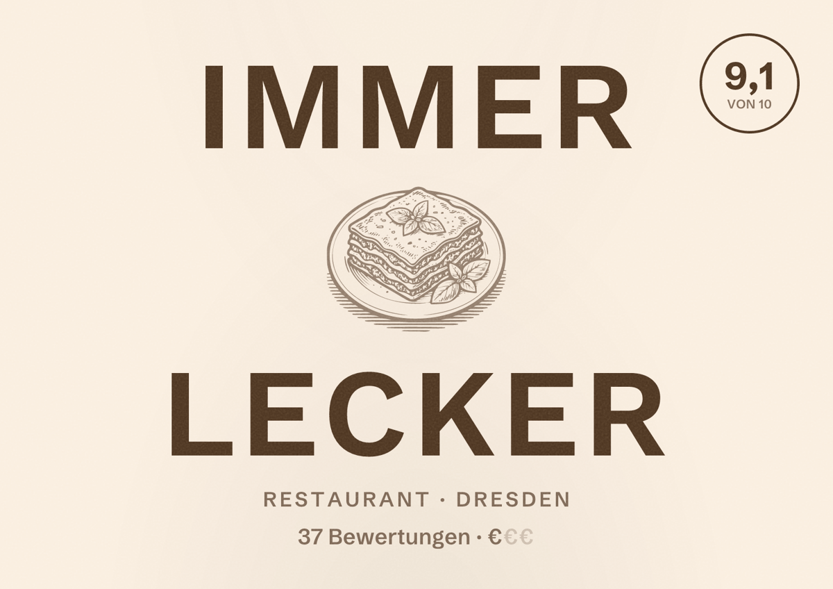 Illustriertes Poster von Immer Lecker, Restaurant in Dresden: Bewertung 9,1 von 10 aus 37 Bewertungen, Preisniveau €