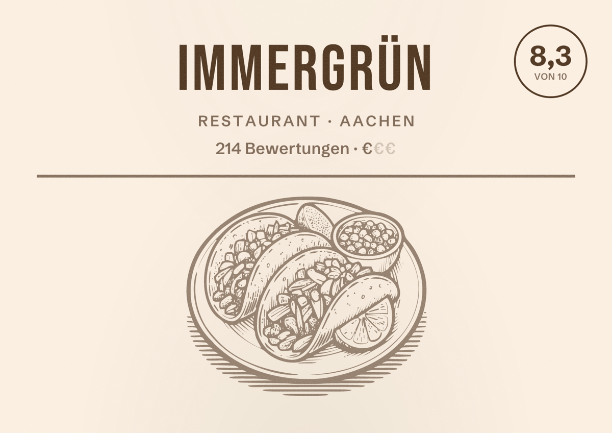 Illustriertes Poster von immergrün, Restaurant in Aachen: Bewertung 8,3 von 10 aus 214 Bewertungen, Preisniveau €