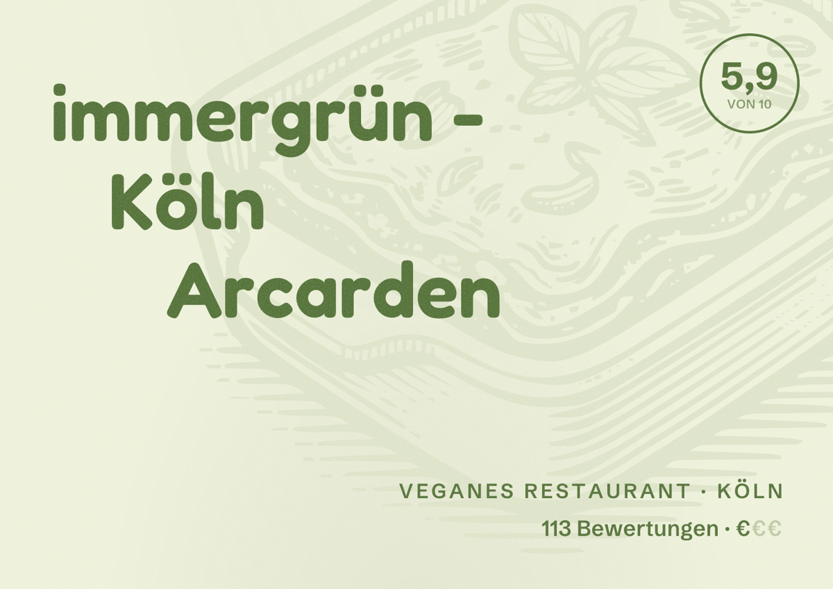 Illustriertes Poster von immergrün - Köln Arcarden, Veganes Restaurant in Köln: Bewertung 5,9 von 10 aus 113 Bewertungen, Preisniveau €