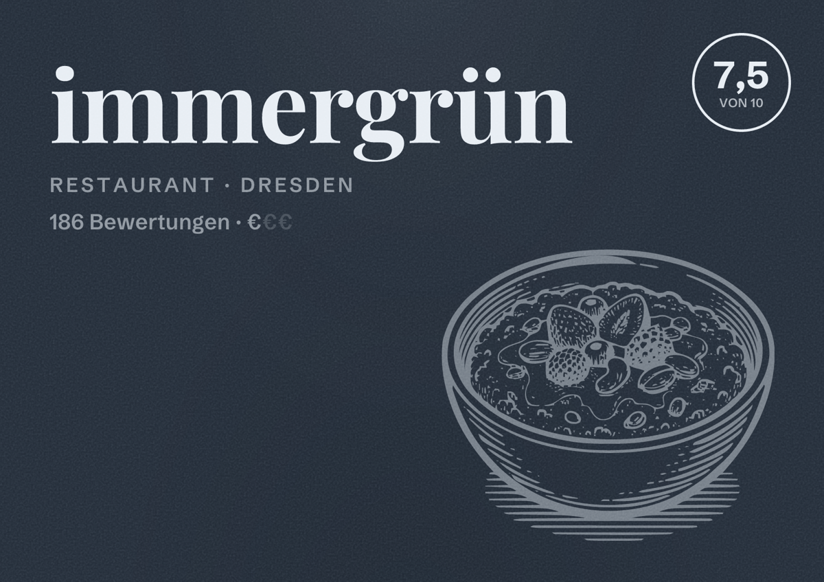 Illustriertes Poster von immergrün, Restaurant in Dresden: Bewertung 7,5 von 10 aus 186 Bewertungen, Preisniveau €