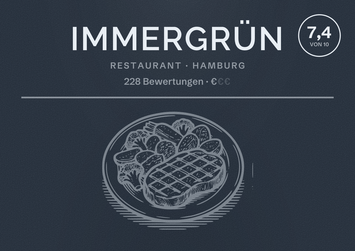 Illustriertes Poster von immergrün, Restaurant in Hamburg: Bewertung 7,4 von 10 aus 228 Bewertungen, Preisniveau €