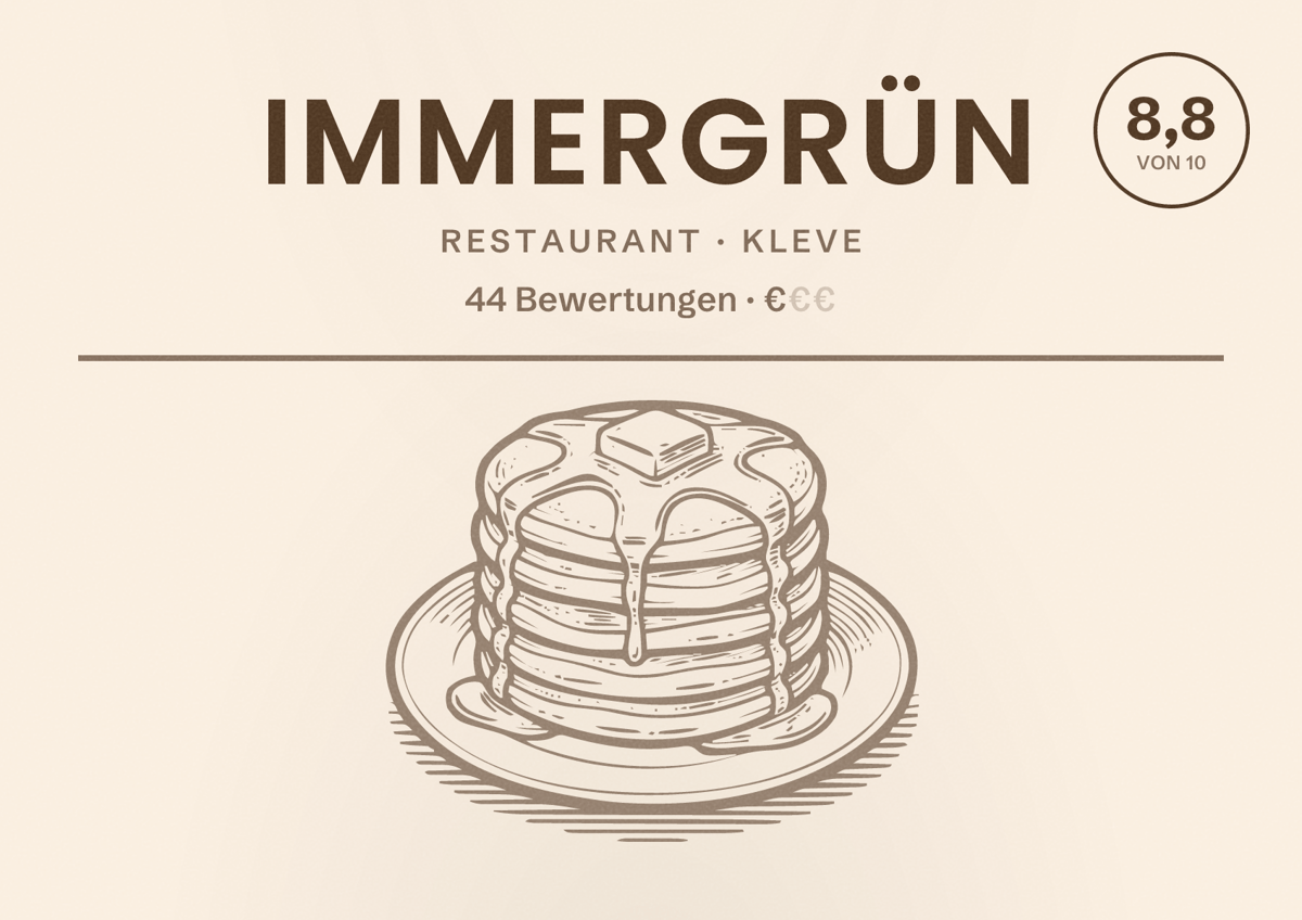 Illustriertes Poster von immergrün, Restaurant in Kleve: Bewertung 8,8 von 10 aus 44 Bewertungen, Preisniveau €