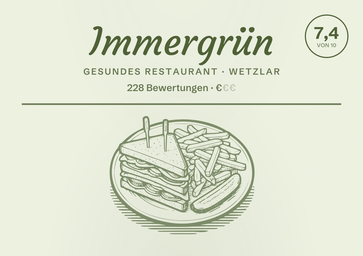 Illustriertes Poster von Immergrün, Gesundes Restaurant in Wetzlar: Bewertung 7,4 von 10 aus 228 Bewertungen, Preisniveau €