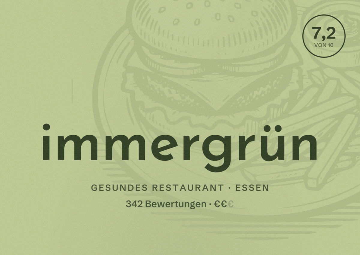 Illustriertes Poster von immergrün, Gesundes Restaurant in Essen: Bewertung 7,2 von 10 aus 342 Bewertungen, Preisniveau €€