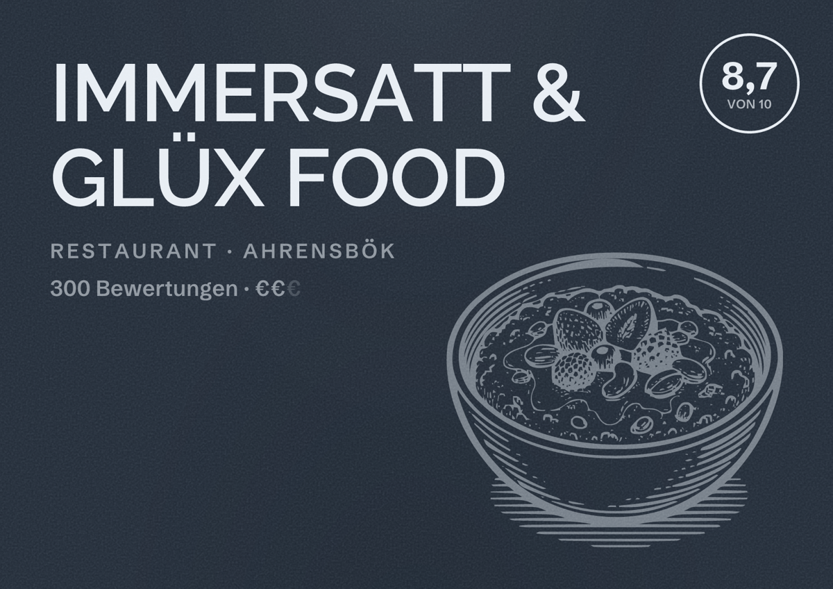 Illustriertes Poster von IMMERSATT & GLÜX FOOD, Restaurant in Ahrensbök: Bewertung 8,7 von 10 aus 300 Bewertungen, Preisniveau €€