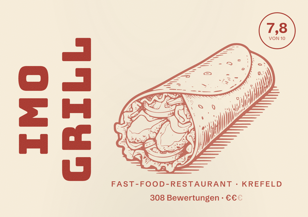 Illustriertes Poster von Imo Grill, Fast-Food-Restaurant in Krefeld: Bewertung 7,8 von 10 aus 308 Bewertungen, Preisniveau €€