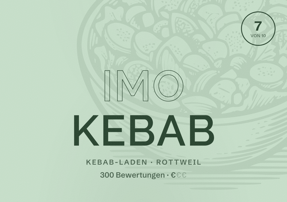 Illustriertes Poster von Imo Kebab, Kebab-Laden in Rottweil: Bewertung 7 von 10 aus 300 Bewertungen, Preisniveau €