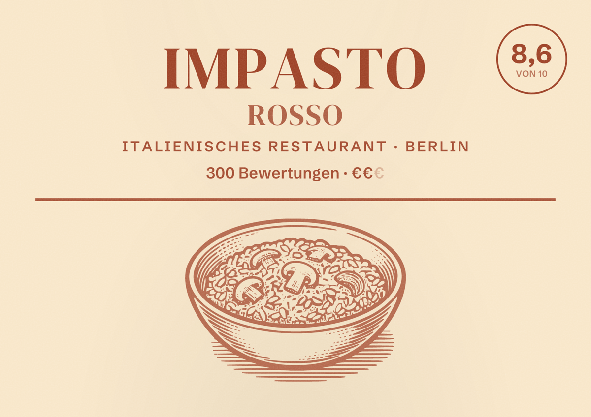 Illustriertes Poster von Impasto Rosso, Italienisches Restaurant in Berlin: Bewertung 8,6 von 10 aus 300 Bewertungen, Preisniveau €€