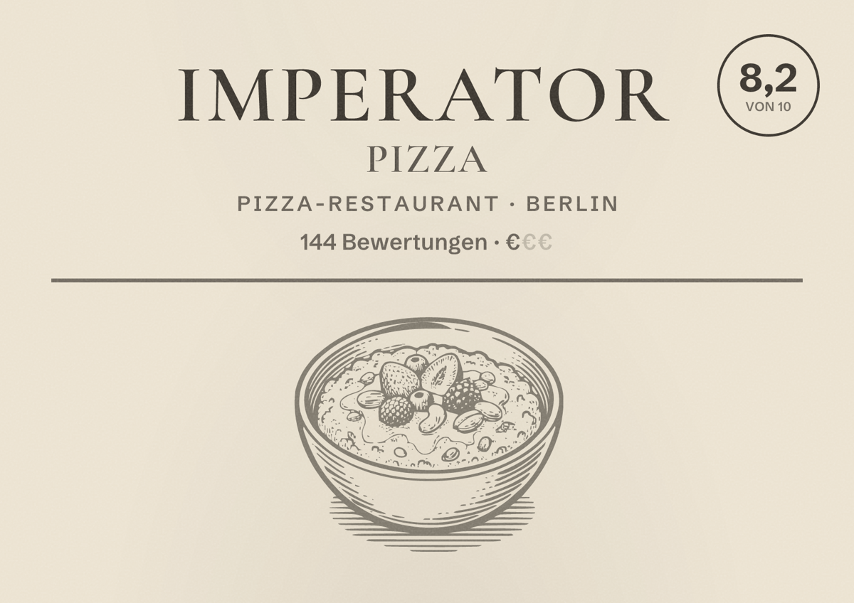 Illustriertes Poster von Imperator Pizza, Pizza-Restaurant in Berlin: Bewertung 8,2 von 10 aus 144 Bewertungen, Preisniveau €