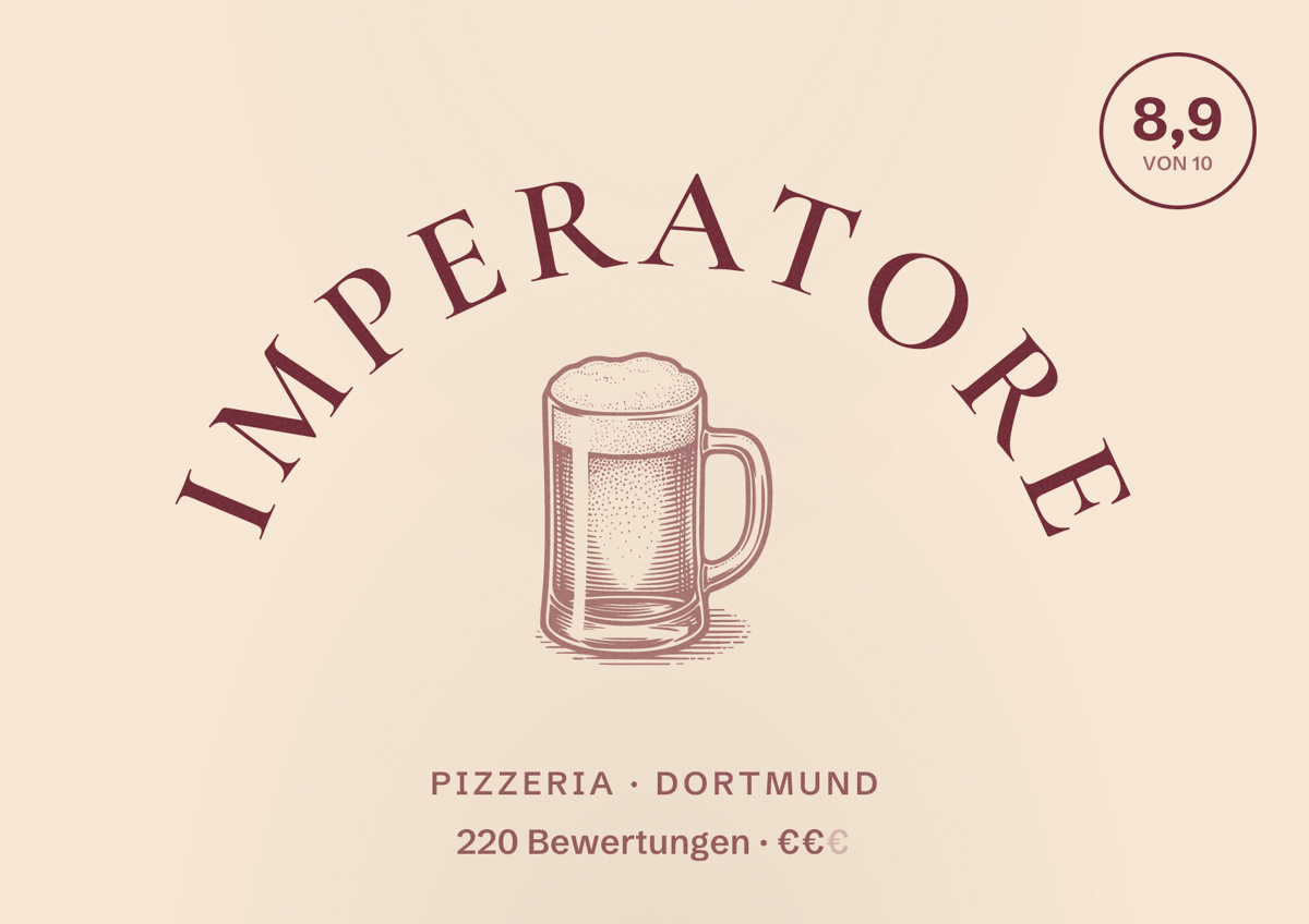 Illustriertes Poster von Imperatore, Pizzeria in Dortmund: Bewertung 8,9 von 10 aus 220 Bewertungen, Preisniveau €€