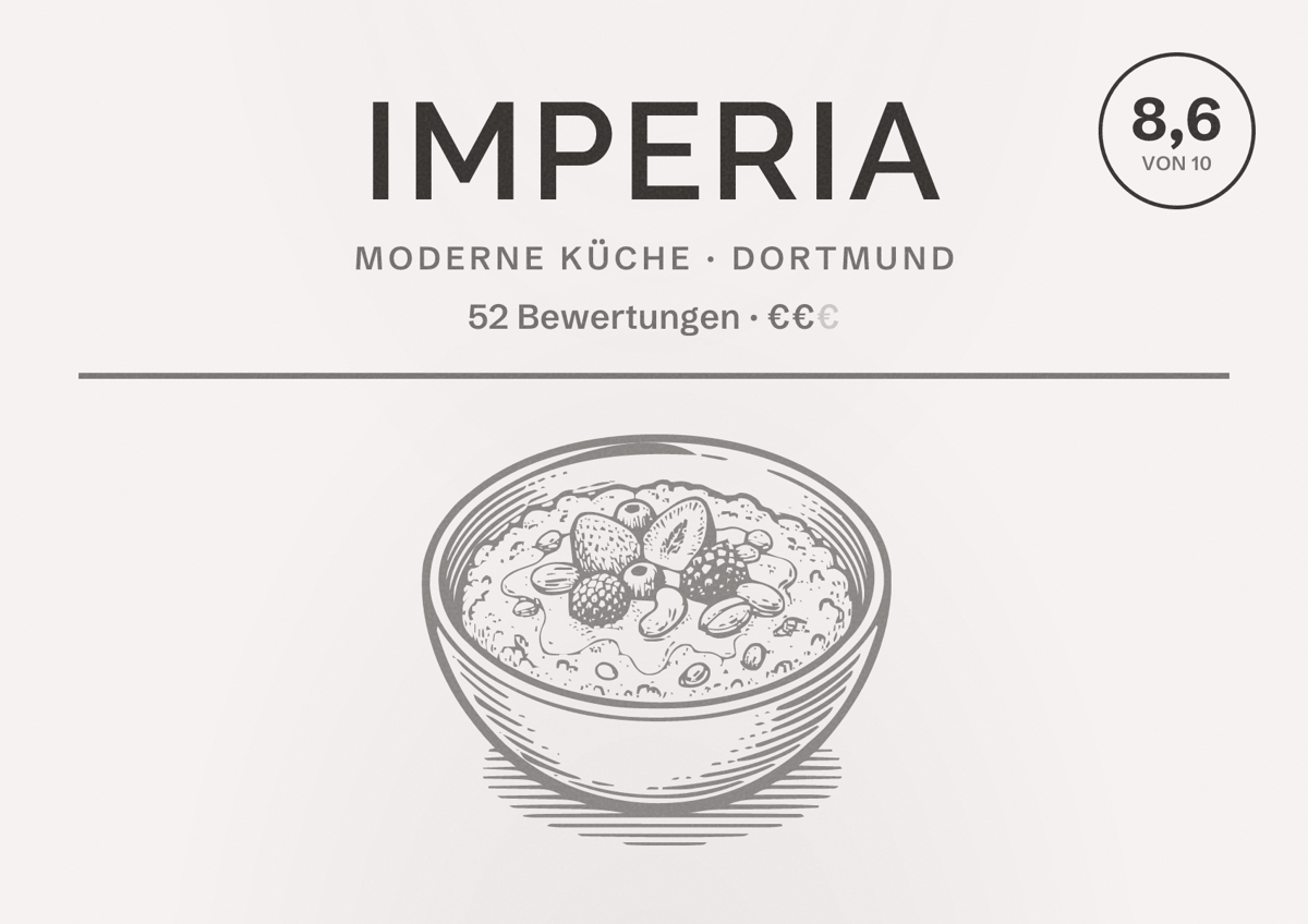 Illustriertes Poster von Imperia, Moderne Küche in Dortmund: Bewertung 8,6 von 10 aus 52 Bewertungen, Preisniveau €€